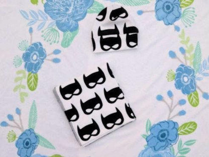 Bat Mask Baby Blanket Set, Black Bat on White Blanket + Cuffed Beanie or Headband,Super Hero Baby