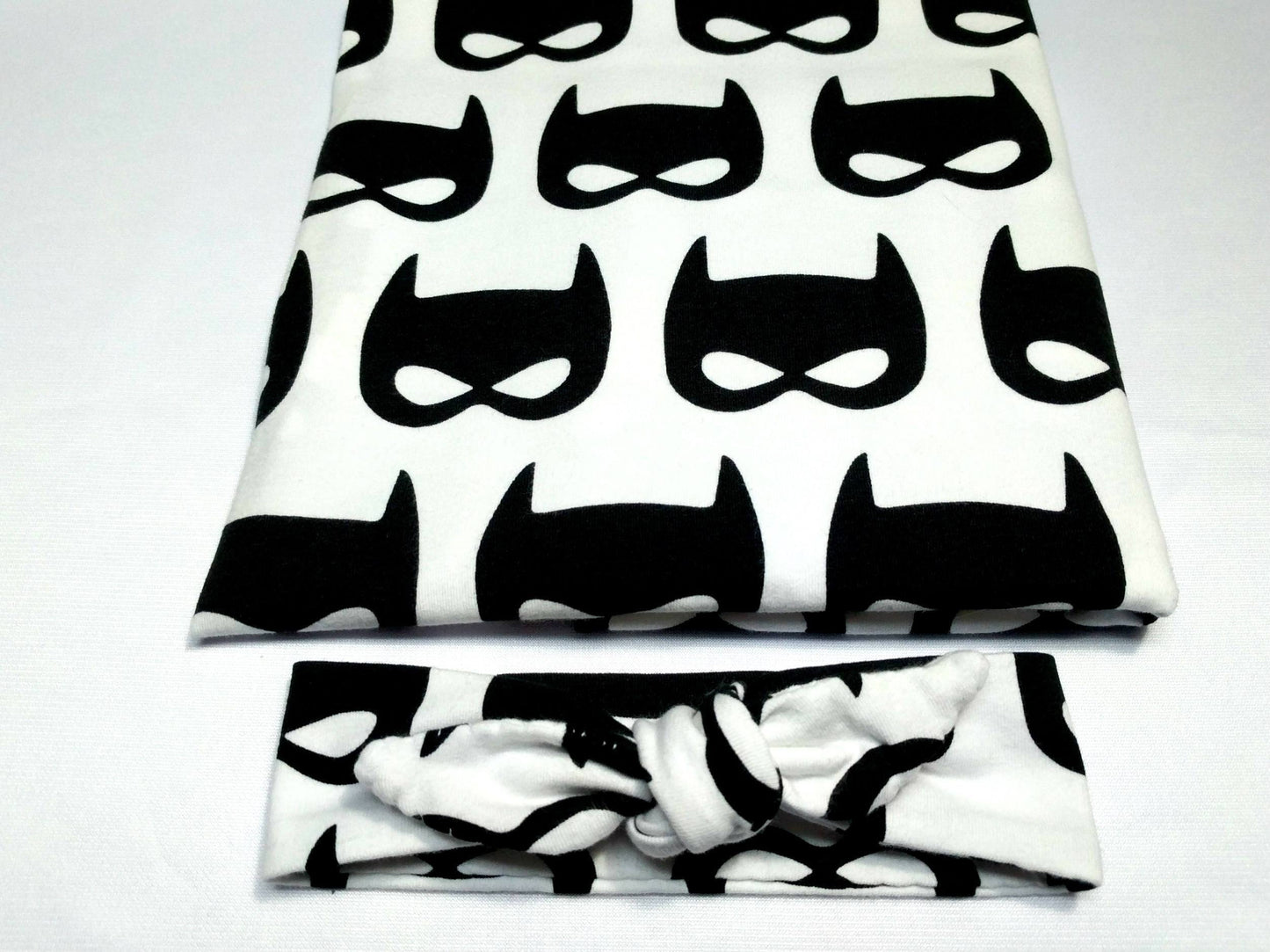 Bat Mask Baby Blanket Set, Black Bat on White Blanket + Cuffed Beanie or Headband,Super Hero Baby
