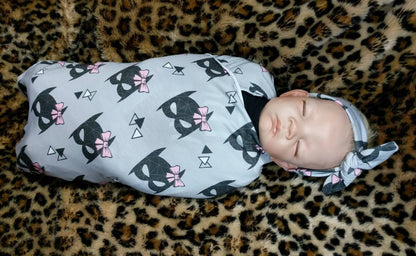 Bat Mask with Bow Baby Blanket + Hat or Headband,Black on Gray LG Knit