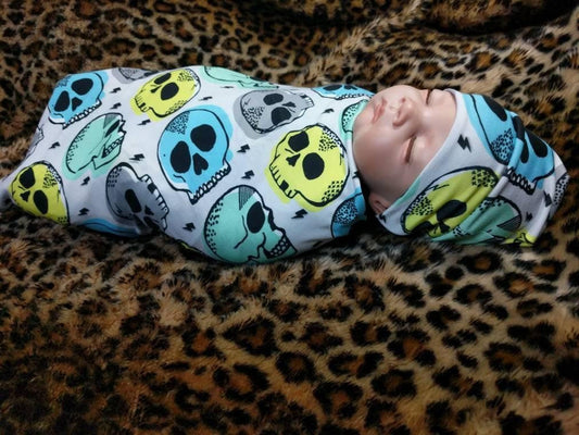 Skull Baby Blanket Set - Ocean Tones Swaddle Hat Band and Candy Skull Design - Goth Baby Essentials for Newborns