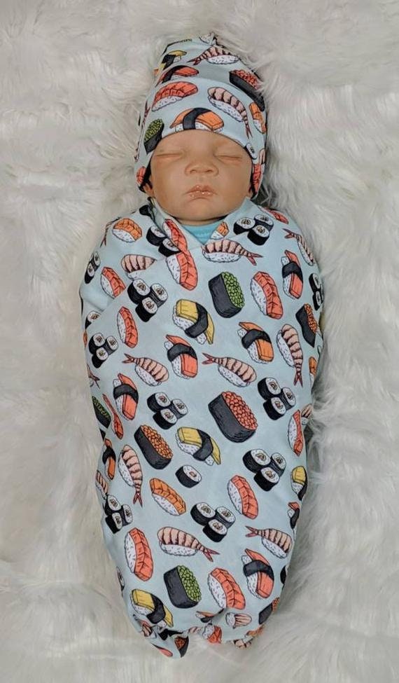 Gender Neutral Baby Gift,Sushi Roll Swaddle/Nursing Blanket + Matching Baby Girl Headband or Cuffed Hat on Mint Green, Food Theme Baby