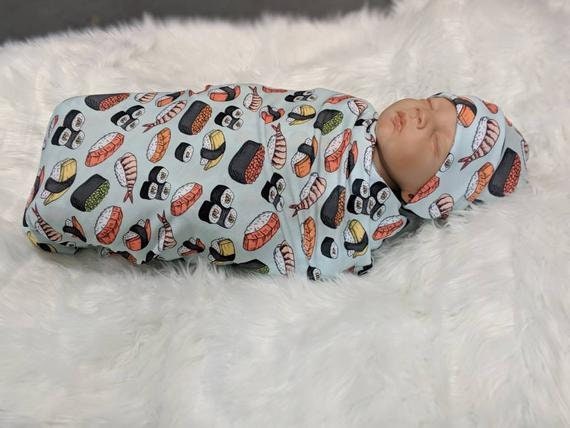 Gender Neutral Baby Gift,Sushi Roll Swaddle/Nursing Blanket + Matching Baby Girl Headband or Cuffed Hat on Mint Green, Food Theme Baby