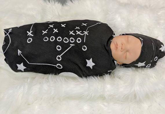 Baby Football Swaddle Set, Baby Blanket in Chalkboard Football + Matching Beanie or Headband,Baby Sports Nursery Decor