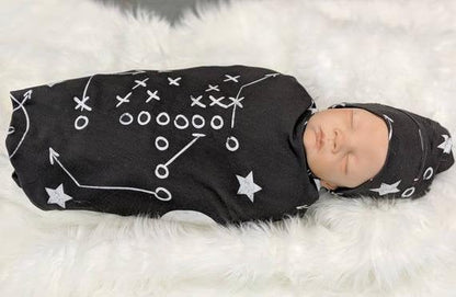 Baby Football Swaddle Set, Baby Blanket in Chalkboard Football + Matching Beanie or Headband,Baby Sports Nursery Decor