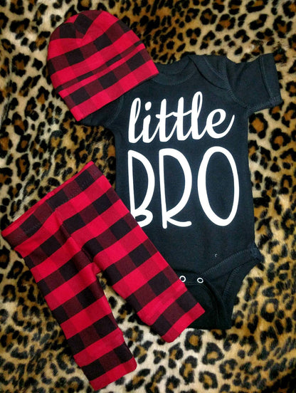 Newborn Boy Hospital Outfit,Little Bro OR CUSTOM Bodysuit + Black Red Buffalo Plaid Jogger Pant & Matching Hat,Baby Boy Hospital Clothing