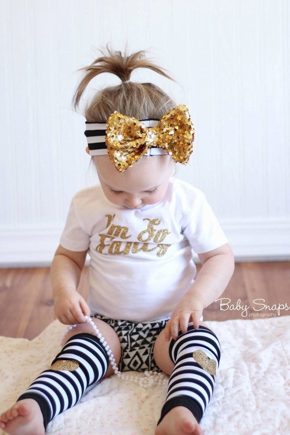 Baby Leg Warmer Set / Black White Stripe Leg Warmer + Heart Knee Patch + Gold Sequin Bow Band