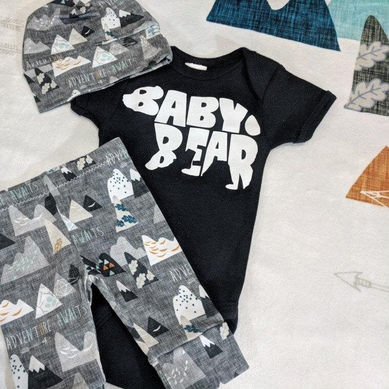 Newborn Coming Home Outfit,Adventure Awaits Pant + Hat or Band + Personal Bodysuit