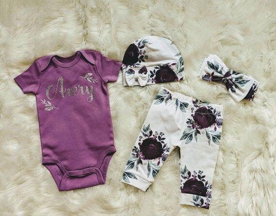 Baby Purple Floral Outfit,Custom Purple Bodysuit + Plum Purple Ice Floral Pant + Beanie or Bow Headband,Coming Home Outfit