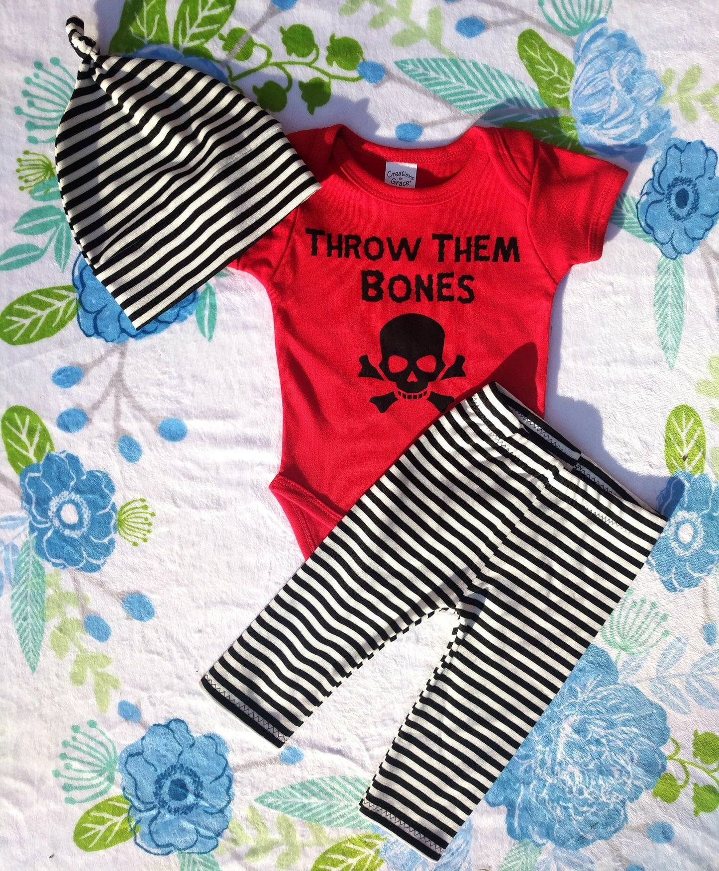 Kids Nebraska Outfit / Black White Stripe Joggers + Beanie or Headband + Throw Them Bones Bodysuit or Tee,Handmade Baby Gift,Toddler Neb