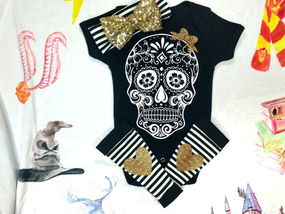 Sugar Skull Baby Outfit,Skull Bodysuit + Baby Leg Warmers with Heart Knee Patches & Gold Sequin Bow Band,Goth Baby