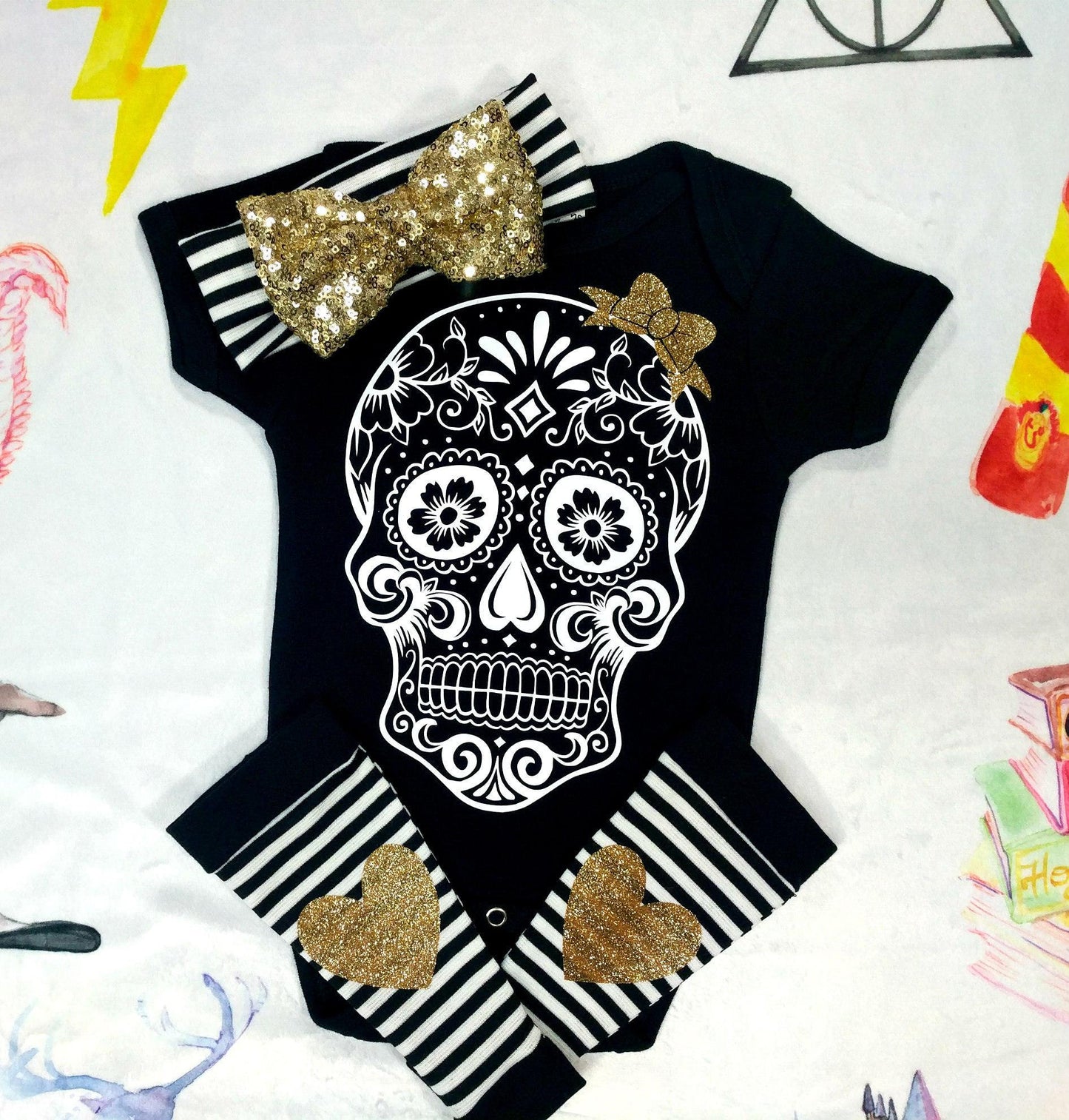 Sugar Skull Baby Outfit,Skull Bodysuit + Baby Leg Warmers with Heart Knee Patches & Gold Sequin Bow Band,Goth Baby