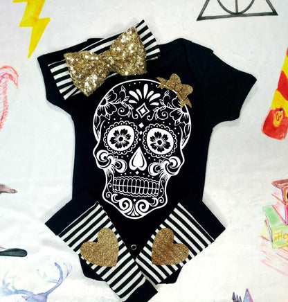 Sugar Skull Baby Outfit,Skull Bodysuit + Baby Leg Warmers with Heart Knee Patches & Gold Sequin Bow Band,Goth Baby