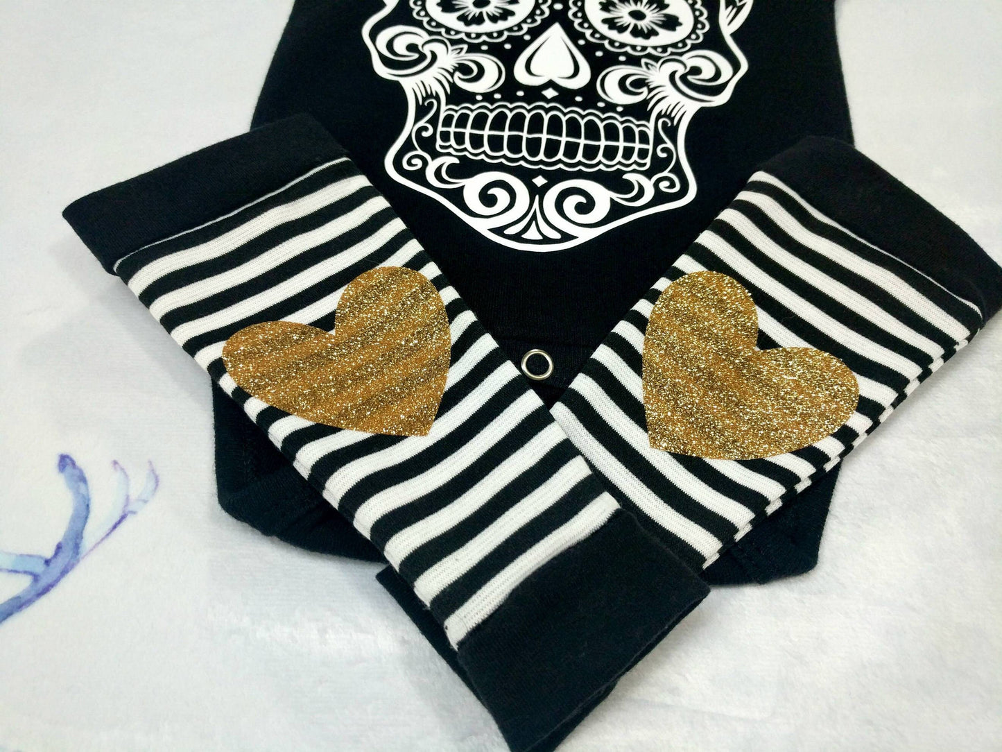 Sugar Skull Baby Outfit,Skull Bodysuit + Baby Leg Warmers with Heart Knee Patches & Gold Sequin Bow Band,Goth Baby