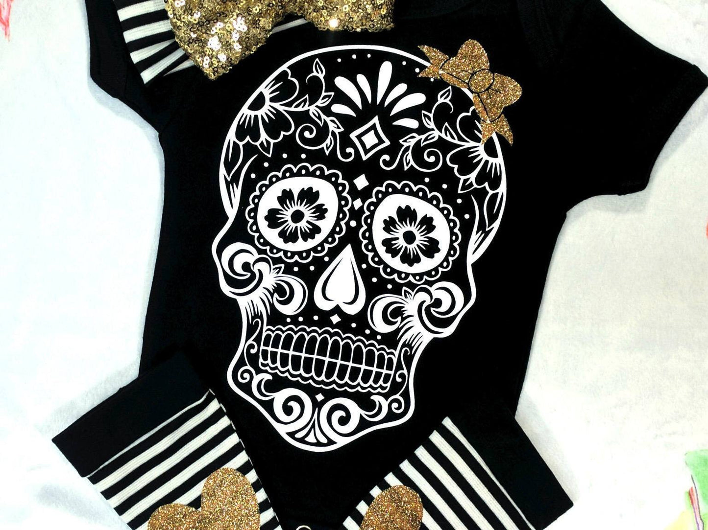 Sugar Skull Baby Outfit,Skull Bodysuit + Baby Leg Warmers with Heart Knee Patches & Gold Sequin Bow Band,Goth Baby