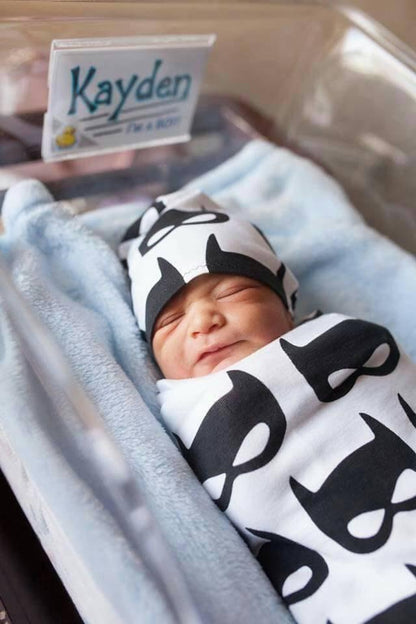 Bat Mask Baby Blanket Set, Black Bat on White Blanket + Cuffed Beanie or Headband,Super Hero Baby