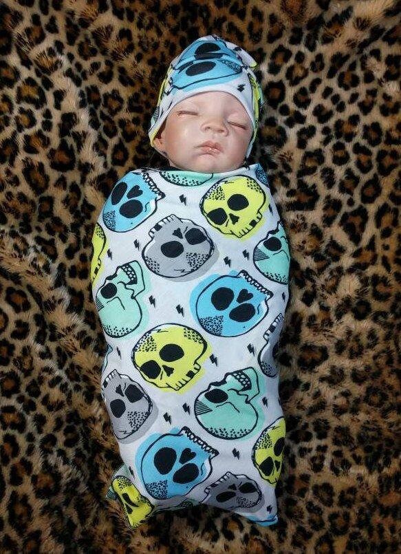 Skull Baby Blanket Set - Ocean Tones Swaddle Hat Band and Candy Skull Design - Goth Baby Essentials for Newborns