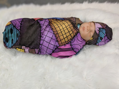 Goth Baby Swaddle Blanket + Matching Headband or Cuffed Beanie in Sally Rag Doll Scraps,Nightmare Goth Baby,Halloween Swaddle