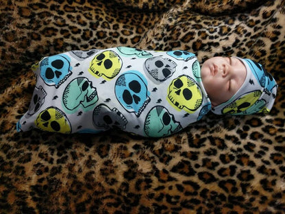 Skull Baby Blanket Set - Ocean Tones Swaddle Hat Band and Candy Skull Design - Goth Baby Essentials for Newborns