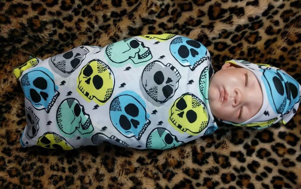 Skull Baby Blanket Set - Ocean Tones Swaddle Hat Band and Candy Skull Design - Goth Baby Essentials for Newborns