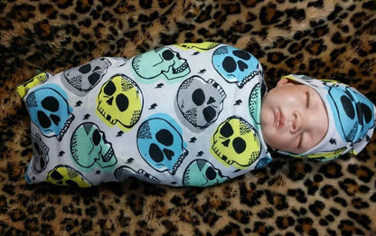 Skull Baby Blanket Set - Ocean Tones Swaddle Hat Band and Candy Skull Design - Goth Baby Essentials for Newborns