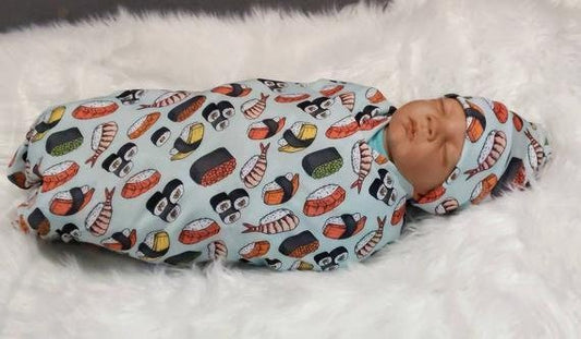 Gender Neutral Baby Gift,Sushi Roll Swaddle/Nursing Blanket + Matching Baby Girl Headband or Cuffed Hat on Mint Green, Food Theme Baby