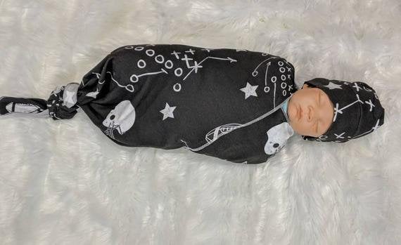 Baby Football Swaddle Set, Baby Blanket in Chalkboard Football + Matching Beanie or Headband,Baby Sports Nursery Decor