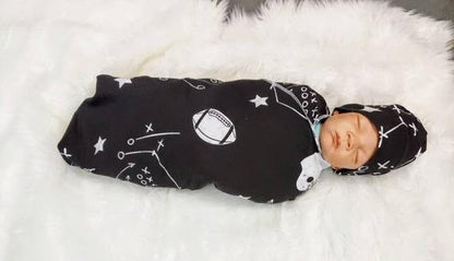Baby Football Swaddle Set, Baby Blanket in Chalkboard Football + Matching Beanie or Headband,Baby Sports Nursery Decor