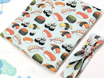 Gender Neutral Baby Gift,Sushi Roll Swaddle/Nursing Blanket + Matching Baby Girl Headband or Cuffed Hat on Mint Green, Food Theme Baby