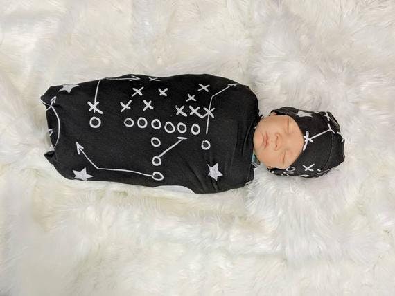 Baby Football Swaddle Set, Baby Blanket in Chalkboard Football + Matching Beanie or Headband,Baby Sports Nursery Decor