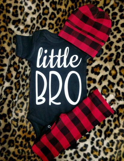 Newborn Boy Hospital Outfit,Little Bro OR CUSTOM Bodysuit + Black Red Buffalo Plaid Jogger Pant & Matching Hat,Baby Boy Hospital Clothing