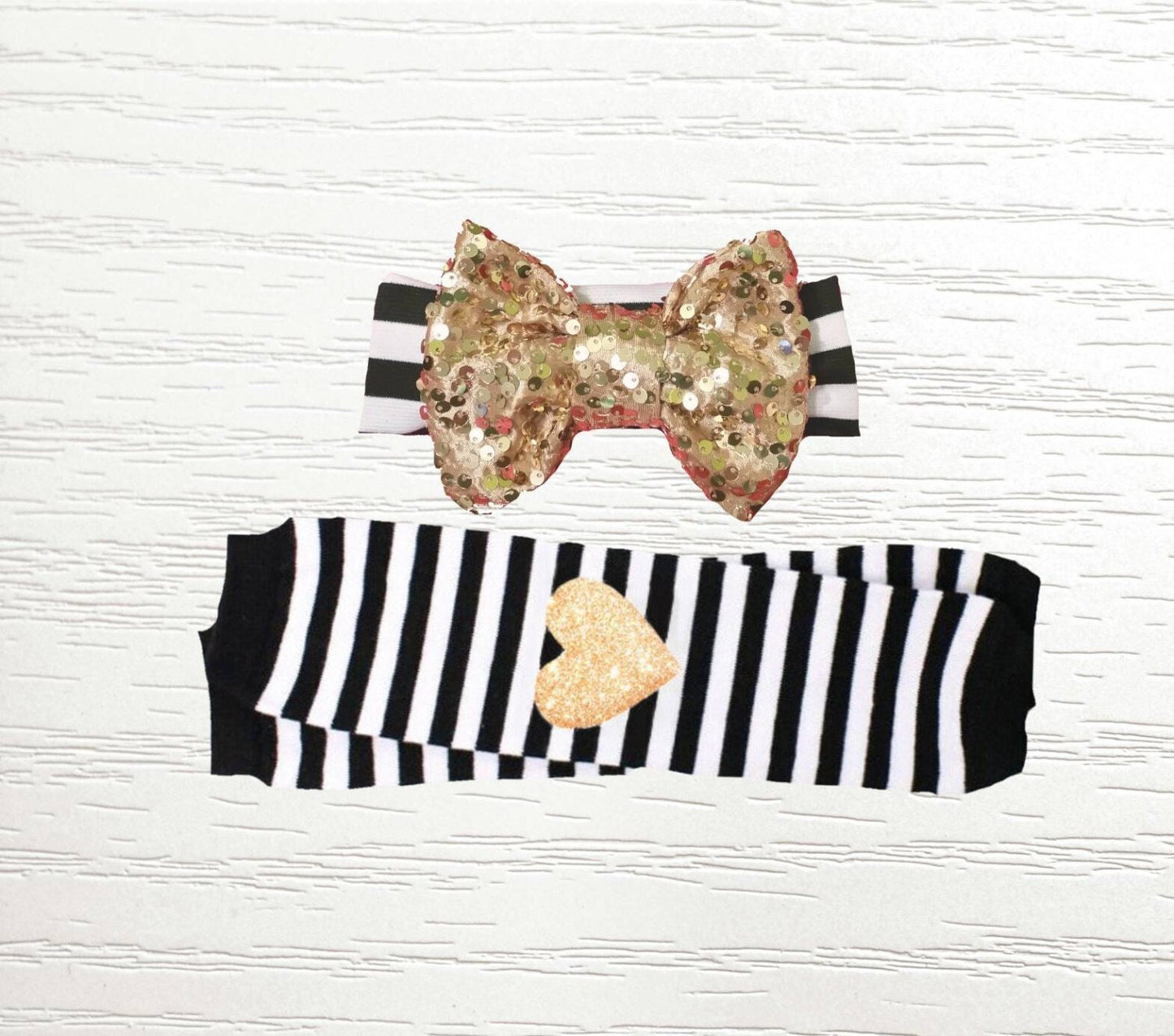 Baby Leg Warmer Set / Black White Stripe Leg Warmer + Heart Knee Patch + Gold Sequin Bow Band