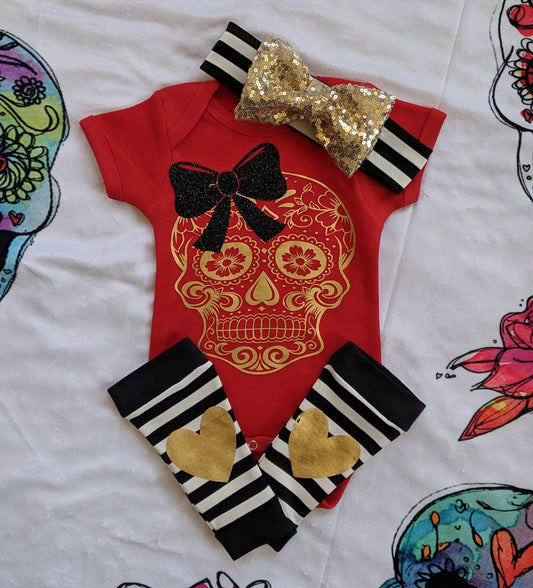 Girls Sugar Skull Outfit,Skull Bodysuit or Tee + Black White Stripe Leg Warmers + Sequin Bow Band,Handmade Goth Baby