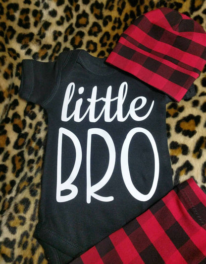 Newborn Boy Hospital Outfit,Little Bro OR CUSTOM Bodysuit + Black Red Buffalo Plaid Jogger Pant & Matching Hat,Baby Boy Hospital Clothing