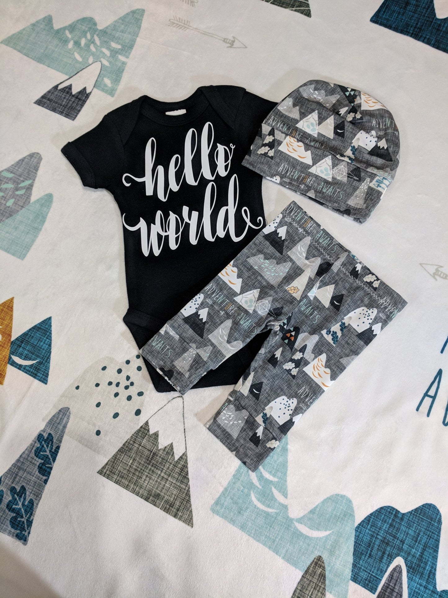 Newborn Coming Home Outfit,Adventure Awaits Pant + Hat or Band + Personal Bodysuit