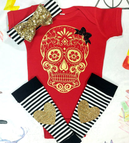 Girls Sugar Skull Outfit,Skull Bodysuit or Tee + Black White Stripe Leg Warmers + Sequin Bow Band,Handmade Goth Baby