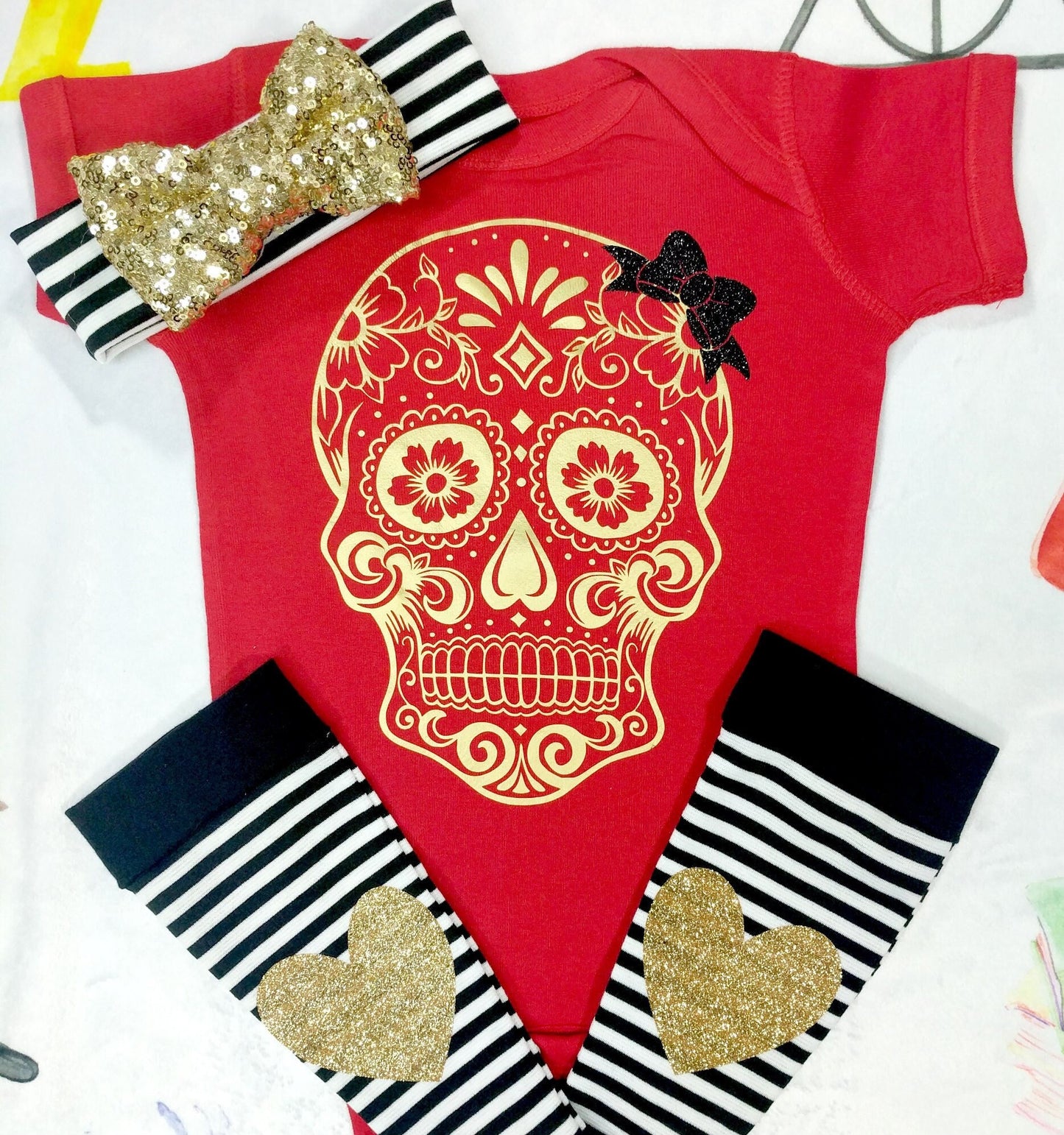 Girls Sugar Skull Outfit,Skull Bodysuit or Tee + Black White Stripe Leg Warmers + Sequin Bow Band,Handmade Goth Baby