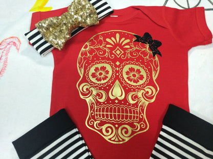 Girls Sugar Skull Outfit,Skull Bodysuit or Tee + Black White Stripe Leg Warmers + Sequin Bow Band,Handmade Goth Baby