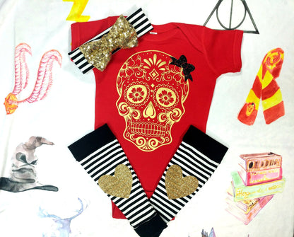 Girls Sugar Skull Outfit,Skull Bodysuit or Tee + Black White Stripe Leg Warmers + Sequin Bow Band,Handmade Goth Baby