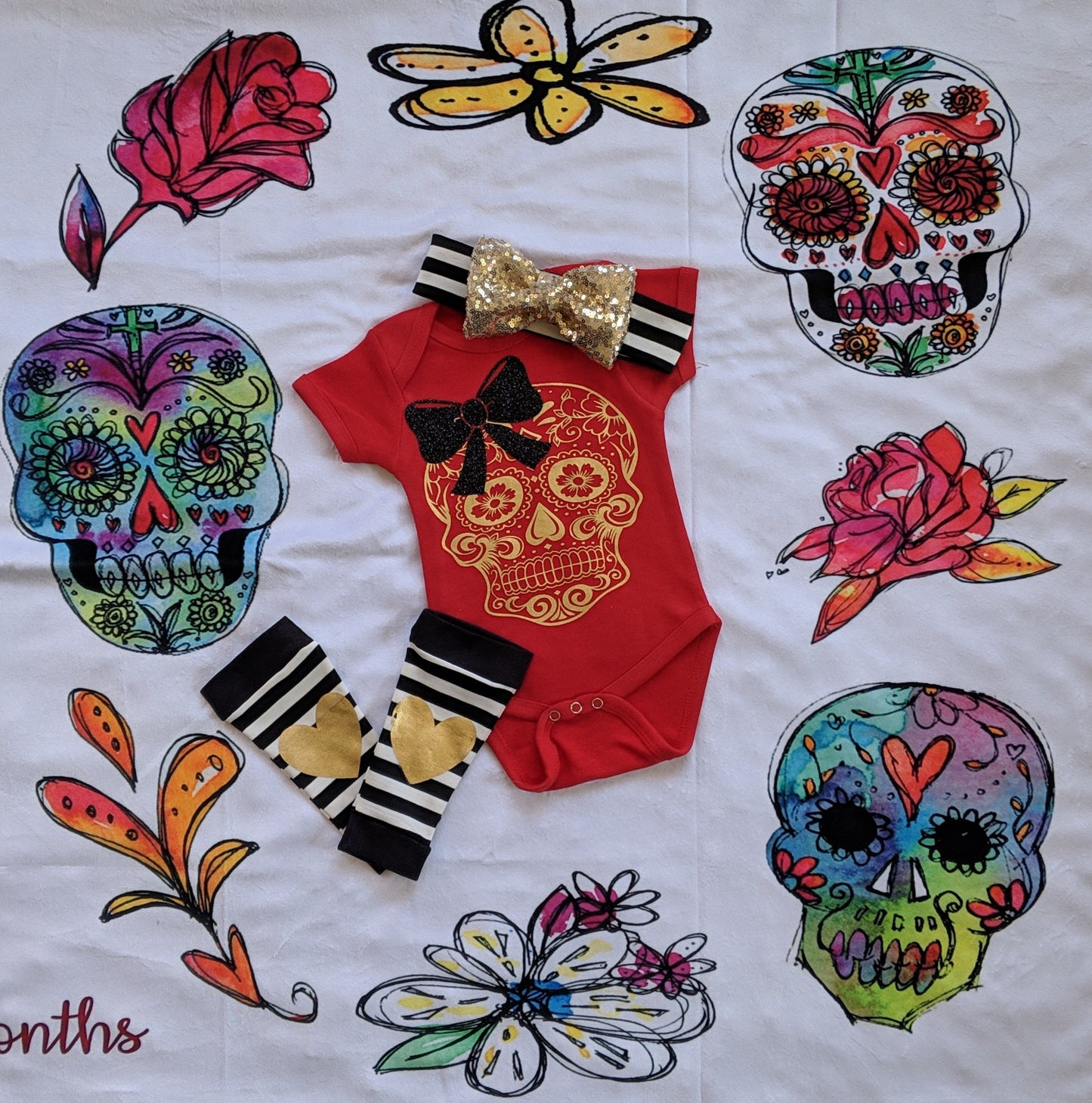 Girls Sugar Skull Outfit,Skull Bodysuit or Tee + Black White Stripe Leg Warmers + Sequin Bow Band,Handmade Goth Baby