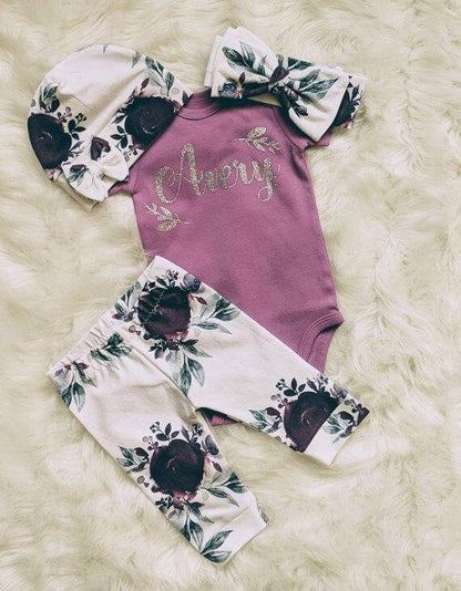 Baby Purple Floral Outfit,Custom Purple Bodysuit + Plum Purple Ice Floral Pant + Beanie or Bow Headband,Coming Home Outfit