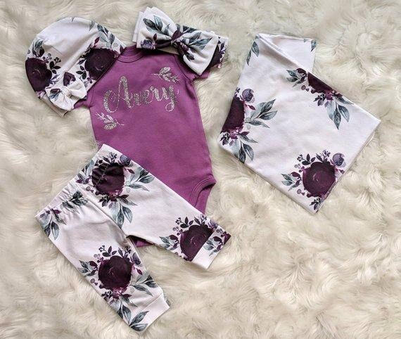 Baby Purple Floral Outfit,Custom Purple Bodysuit + Plum Purple Ice Floral Pant + Beanie or Bow Headband,Coming Home Outfit