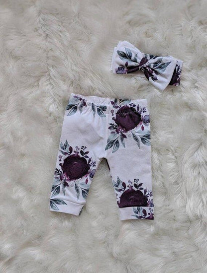 Baby Purple Floral Outfit,Custom Purple Bodysuit + Plum Purple Ice Floral Pant + Beanie or Bow Headband,Coming Home Outfit