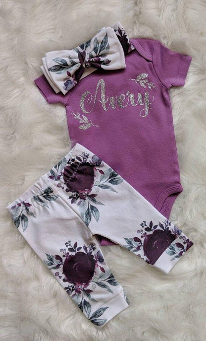 Baby Purple Floral Outfit,Custom Purple Bodysuit + Plum Purple Ice Floral Pant + Beanie or Bow Headband,Coming Home Outfit