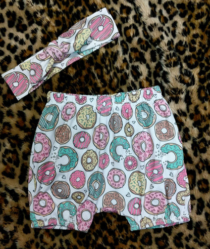 Girls Donut Birthday Outfit / Donut Bloomer + Band + Custom Bodysuit or TShirt/ Donut Birthday Party Outfit,Donut Shorts