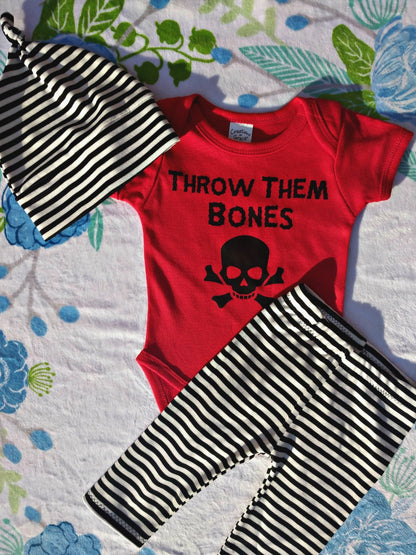 Kids Nebraska Outfit / Black White Stripe Joggers + Beanie or Headband + Throw Them Bones Bodysuit or Tee,Handmade Baby Gift,Toddler Neb