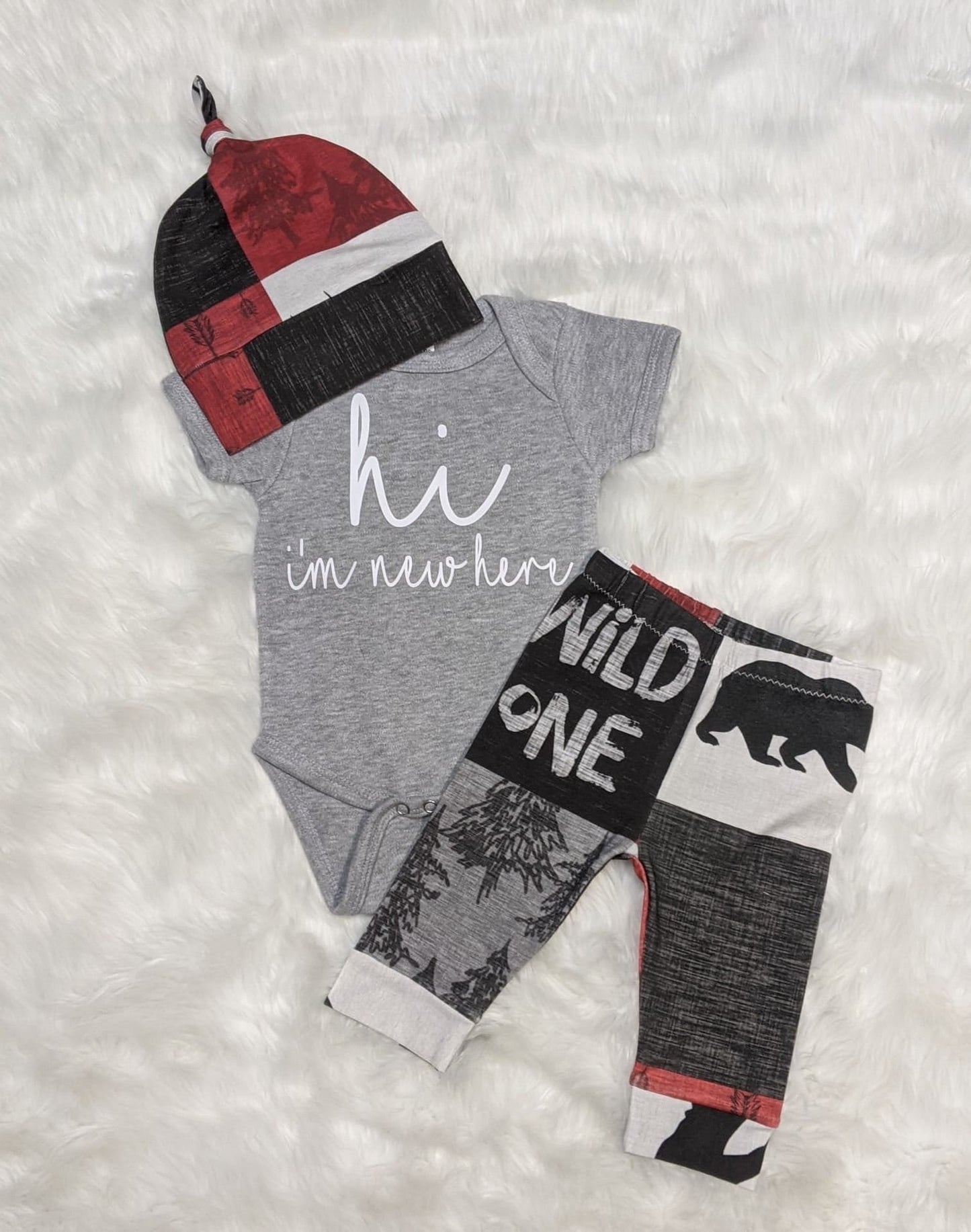 Baby Boy Hospital Outfit,Hi I'm New Here-or custom Bodysuit + Patchwork Wild One Pant + Hat or Headband,Handmade Newborn Set