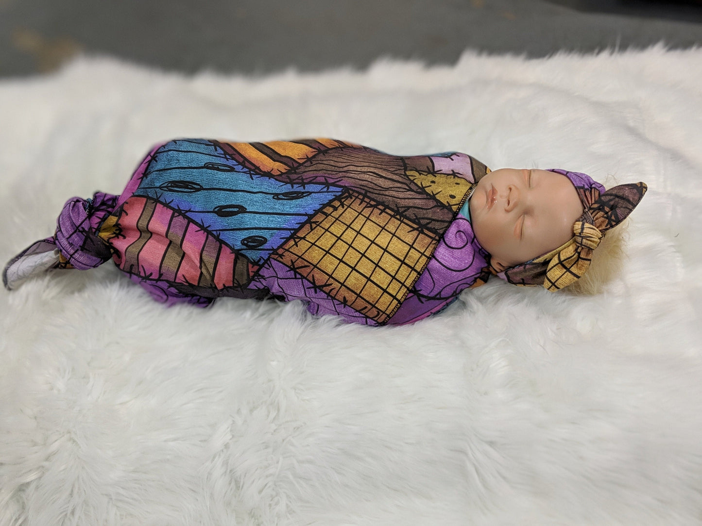 Goth Baby Swaddle Blanket + Matching Headband or Cuffed Beanie in Sally Rag Doll Scraps,Nightmare Goth Baby,Halloween Swaddle