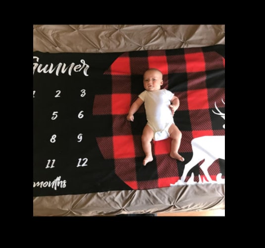 Buck Baby Blanket,Buffalo Plaid Custom Baby Milestone Blanket Fleece Minky,90s plaid,deer baby shower