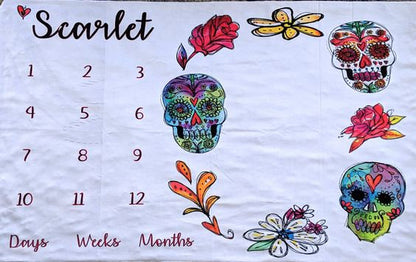 Baby Sugar Skull Milestone Blanket,Custom,Minky of Fleece personalized Skull Baby Blanket,dia de los muertos,Newborn Calendar Blanket