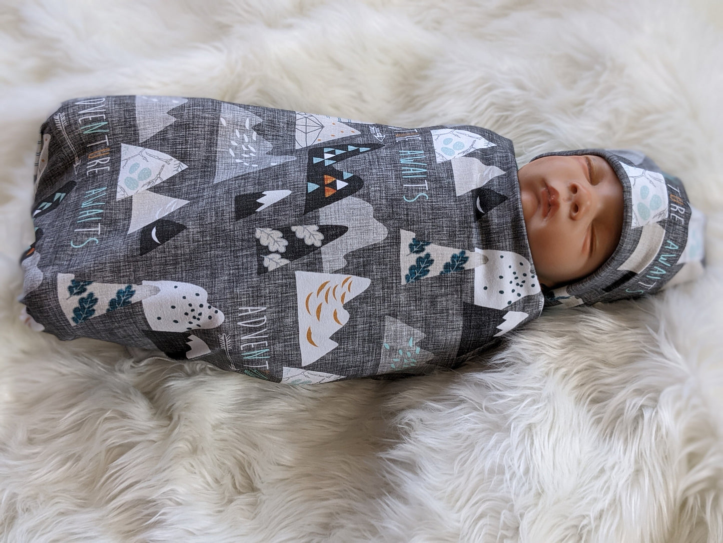 Adventure Awaits Mountain Baby Blanket + Matching Hat or Headband in Charcoal Gray,Outdoorsy,Whimsy